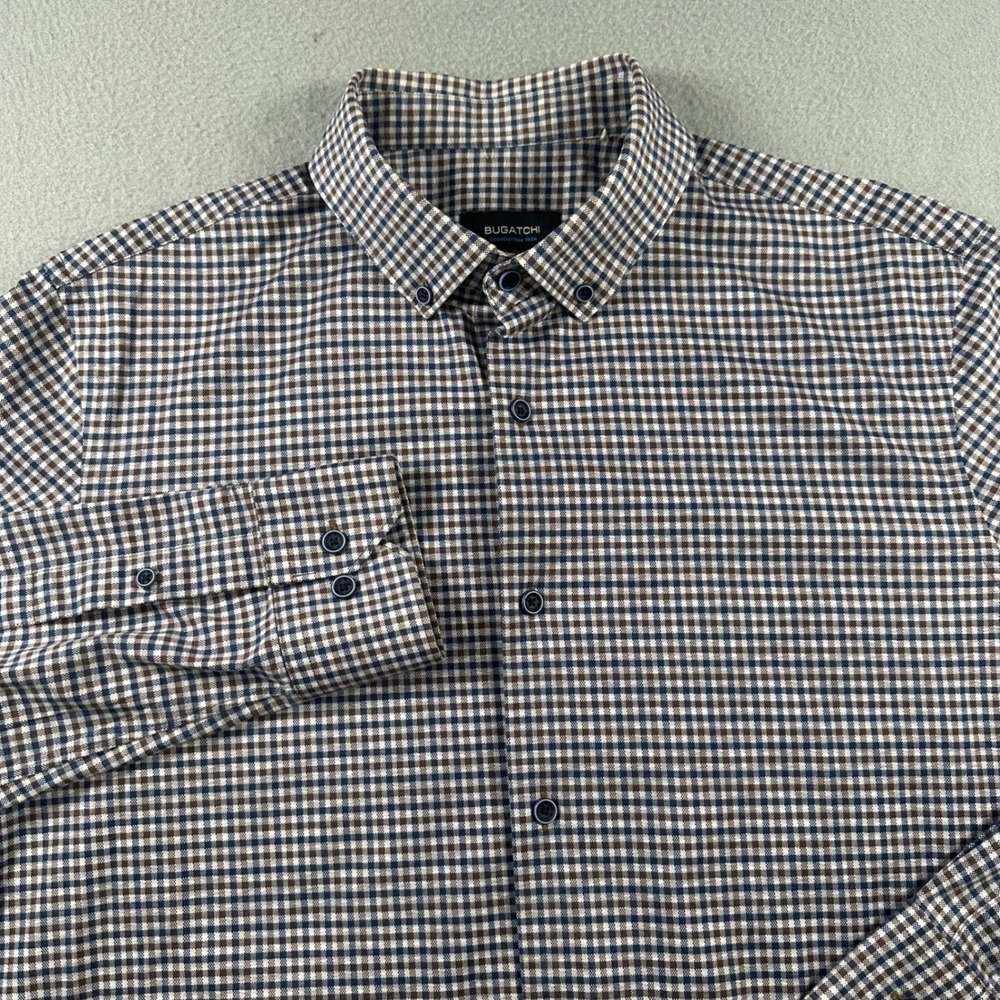 Bugatchi OoohCotton Tech Mens Large Mocha Gingham Check Button Down PF2101K75